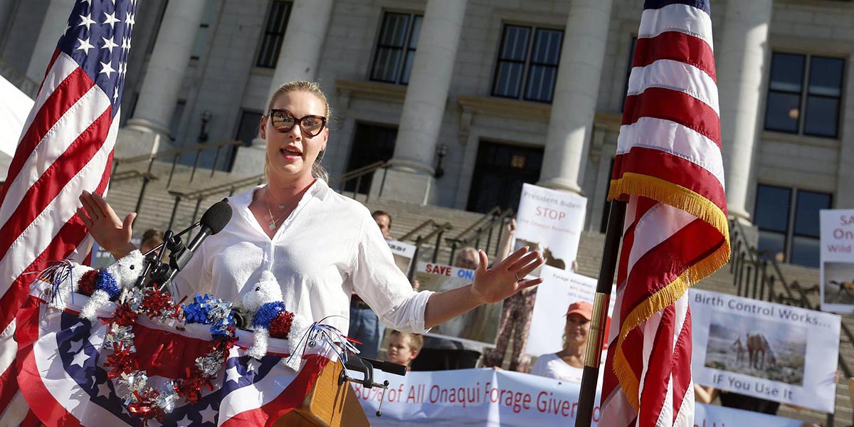 Actress Katherine Heigl speaks at the Wild Horse and Burro Freedom Rally at the Capitol in Salt Lake City on Friday, July 2, 2021.
